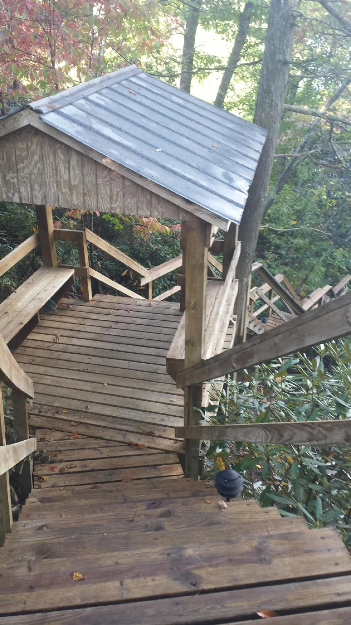 Metal roofed shelter over wooden steps on a wooded walkway — Skylight Repair & Installation work by our crew in Defiance